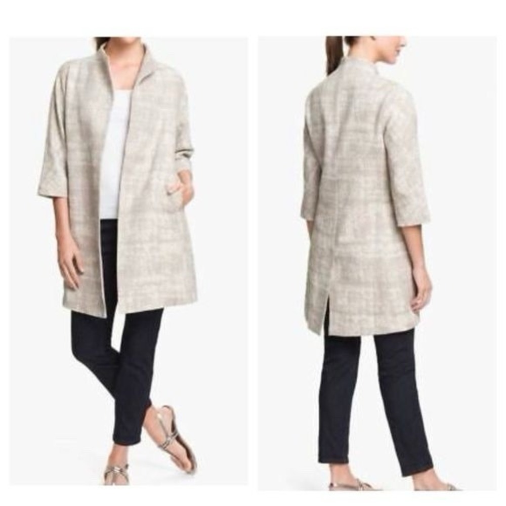 Eileen Fisher Taupe Silver Illusion Jacquard Open Front Long Coat Jacket 1X